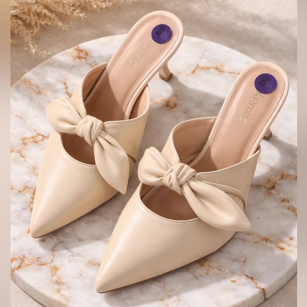 Women’s Beige Bow Pointed-Toe Mules - Picture 1 of 3